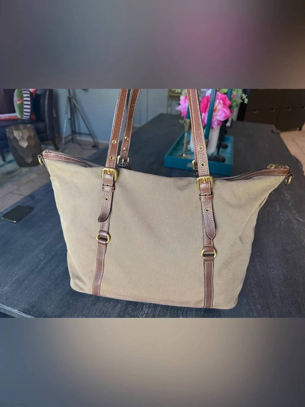 Prada Brown Canvas Tote with Leather Trim